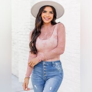 Pink Lily Boho feminine rose lace layering blouse Mock Neck long sleeve Large